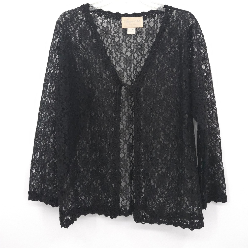 Magnet Art Lynn‎ Yang Lace Cardigan Vintage Women L Black Sheer Tie Front Shrug